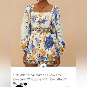FARM Rio Floral Jumpsuit in Off-White, Blue, and Orange Euroflax Romper